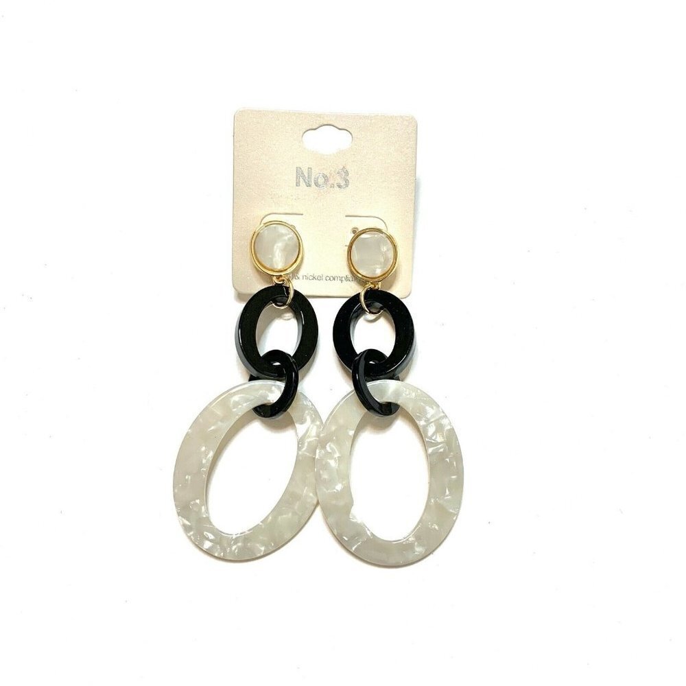No.3 White Black Acrylic Loop Earrings Stud Dangle